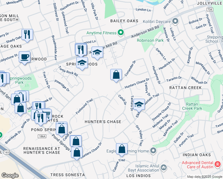 map of restaurants, bars, coffee shops, grocery stores, and more near 7901 Cahill Drive in Austin