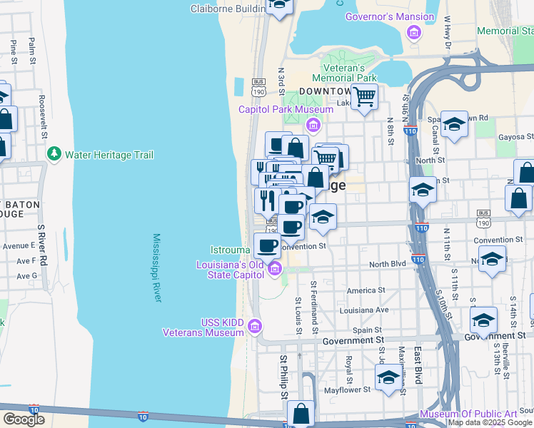 map of restaurants, bars, coffee shops, grocery stores, and more near 348 Lafayette Street in Baton Rouge