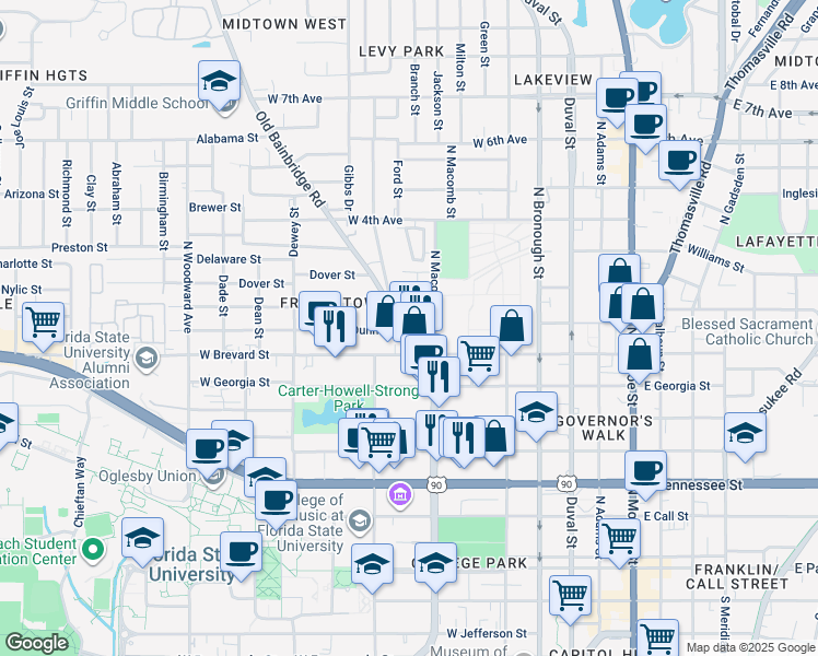 map of restaurants, bars, coffee shops, grocery stores, and more near 725 Old Bainbridge Road in Tallahassee