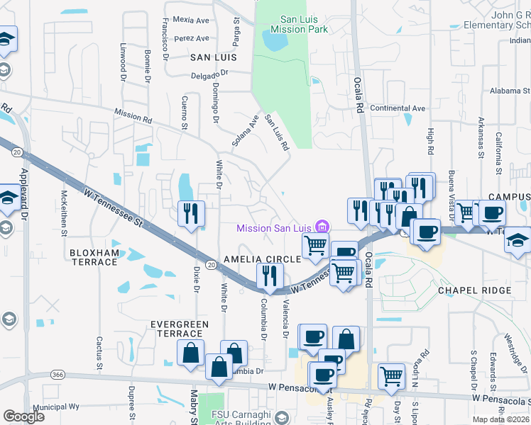 map of restaurants, bars, coffee shops, grocery stores, and more near 799 Timberway Court in Tallahassee