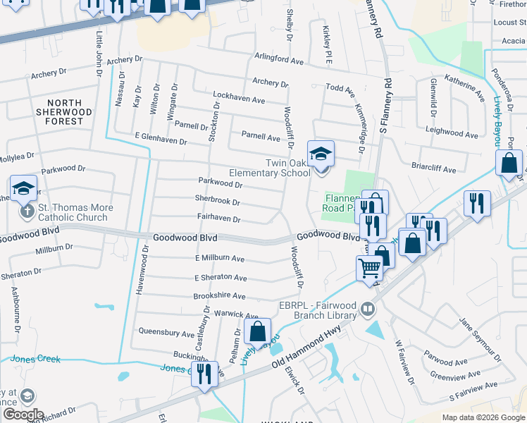 map of restaurants, bars, coffee shops, grocery stores, and more near 12664 Sherbrook Drive in Baton Rouge