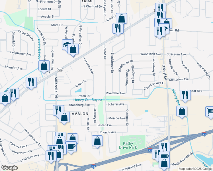 map of restaurants, bars, coffee shops, grocery stores, and more near 1245 Boreas Drive in Baton Rouge