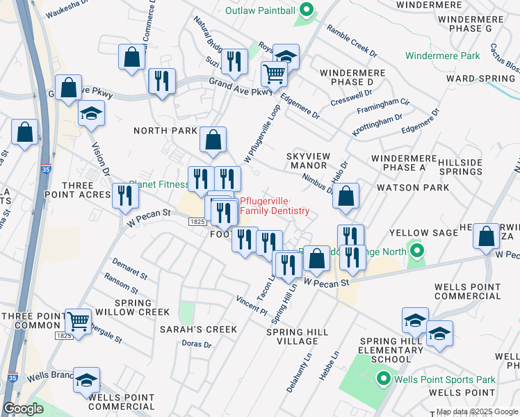 map of restaurants, bars, coffee shops, grocery stores, and more near Foothill Farms Loop in Pflugerville