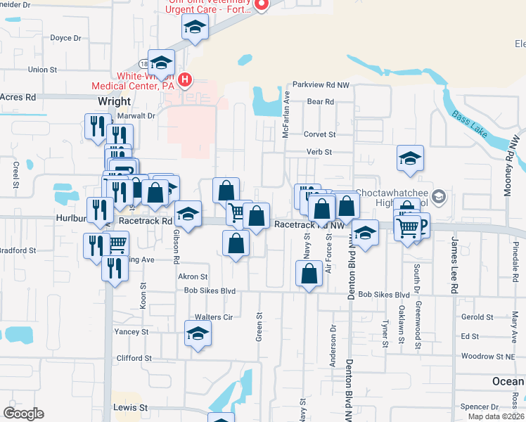 map of restaurants, bars, coffee shops, grocery stores, and more near 318 Racetrack Road Northwest in Fort Walton Beach