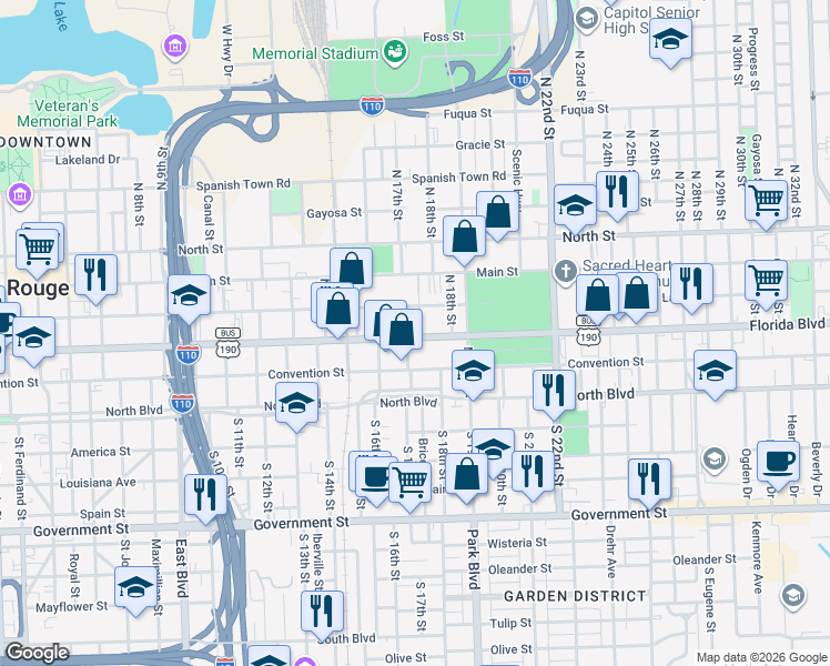 map of restaurants, bars, coffee shops, grocery stores, and more near 1659 U.S. 190 Business in Baton Rouge