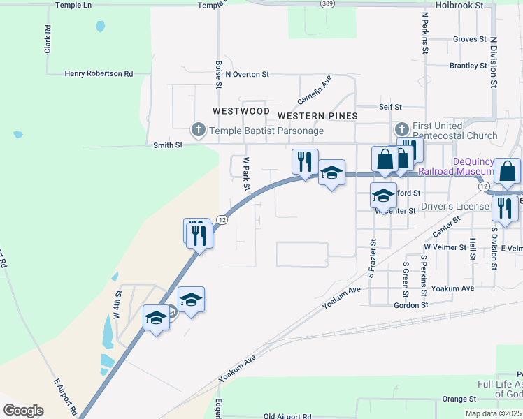 map of restaurants, bars, coffee shops, grocery stores, and more near 118 Lois Street in DeQuincy
