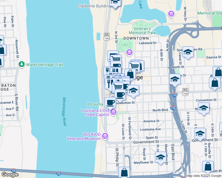 map of restaurants, bars, coffee shops, grocery stores, and more near 348 Lafayette Street in Baton Rouge