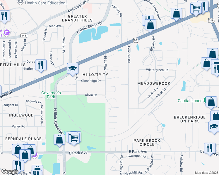 map of restaurants, bars, coffee shops, grocery stores, and more near 2224 Glenwood Lane in Tallahassee