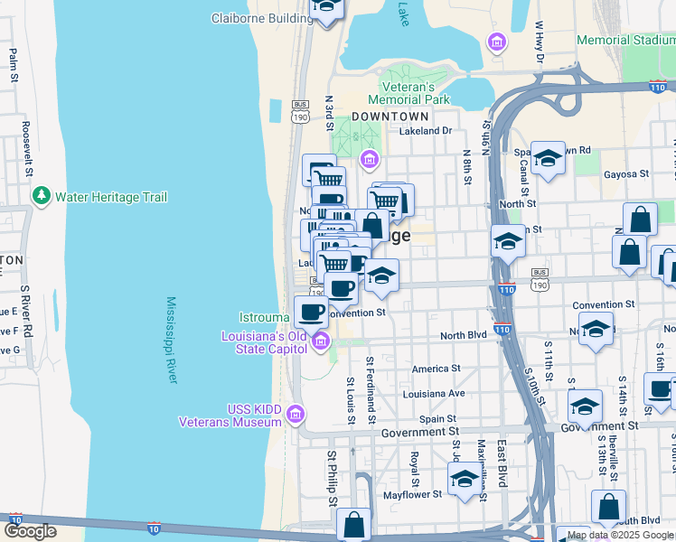 map of restaurants, bars, coffee shops, grocery stores, and more near 336 3rd St in Baton Rouge