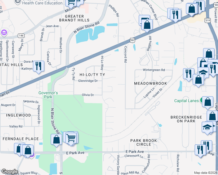 map of restaurants, bars, coffee shops, grocery stores, and more near 2224 Glenwood Lane in Tallahassee