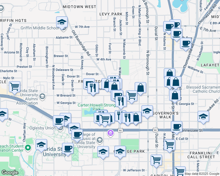map of restaurants, bars, coffee shops, grocery stores, and more near 725 Old Bainbridge Rd in Tallahassee
