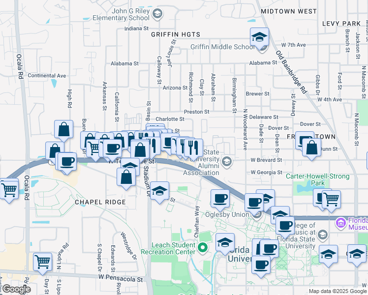 map of restaurants, bars, coffee shops, grocery stores, and more near 1000 West Brevard Street in Tallahassee