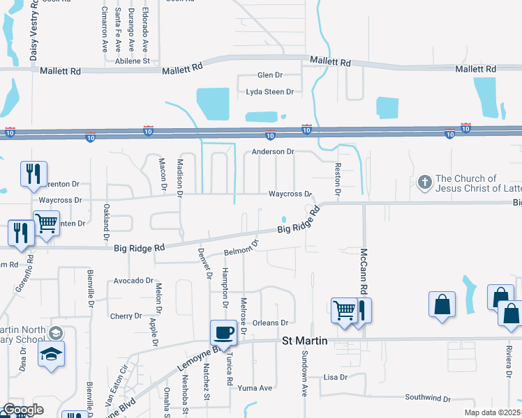 map of restaurants, bars, coffee shops, grocery stores, and more near 15412 Big Ridge Road in Biloxi