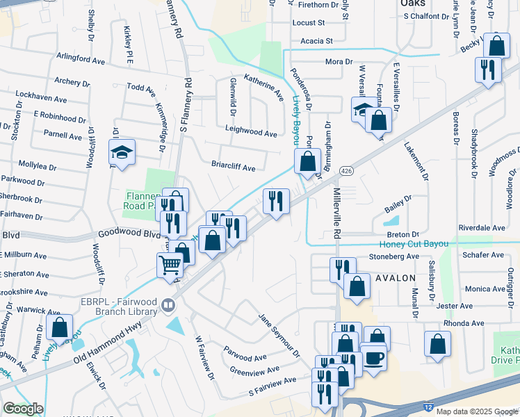 map of restaurants, bars, coffee shops, grocery stores, and more near in East Baton Rouge Parish