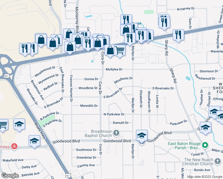 map of restaurants, bars, coffee shops, grocery stores, and more near in Baton Rouge