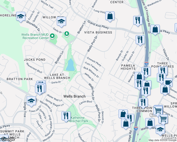 map of restaurants, bars, coffee shops, grocery stores, and more near 2213 Rick Whinery Drive in Austin