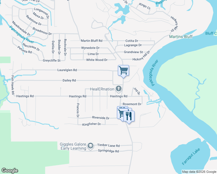 map of restaurants, bars, coffee shops, grocery stores, and more near 1500 Sunrise Drive in Gautier