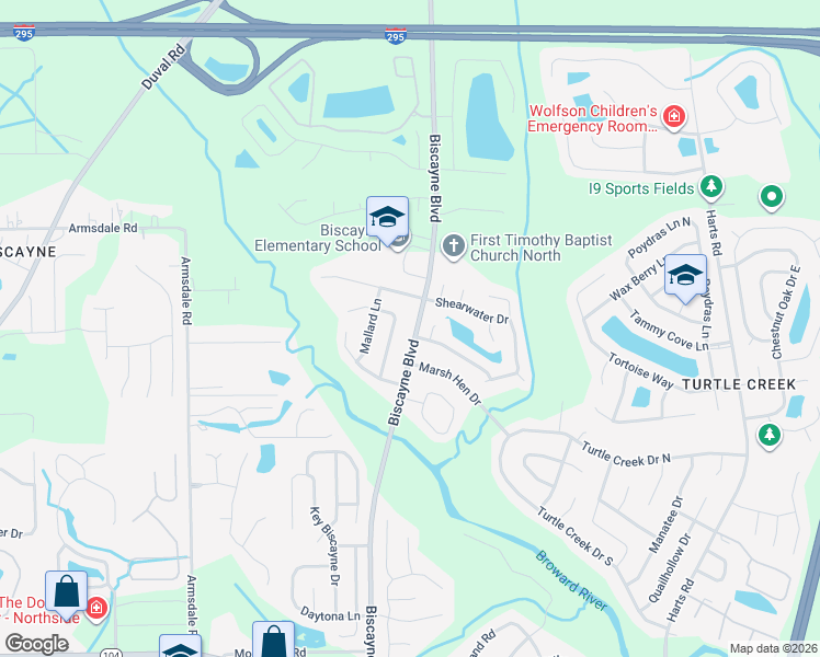 map of restaurants, bars, coffee shops, grocery stores, and more near 11780 Biscayne Boulevard in Jacksonville