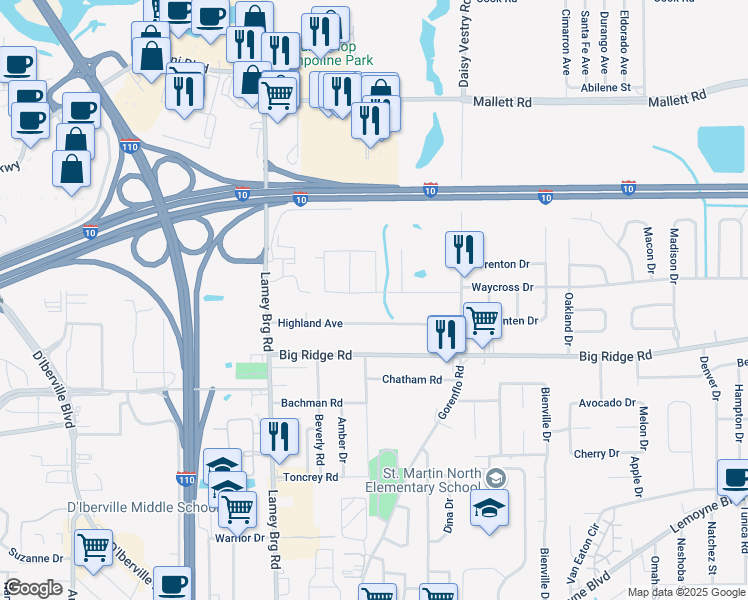 map of restaurants, bars, coffee shops, grocery stores, and more near 3121 Gable St in D'Iberville
