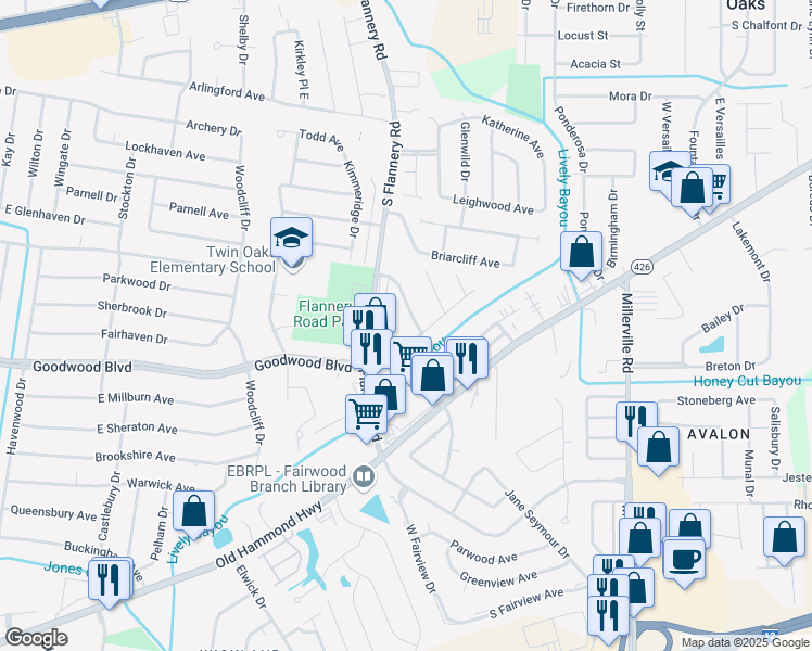 map of restaurants, bars, coffee shops, grocery stores, and more near 916 Brinwood Avenue in Baton Rouge