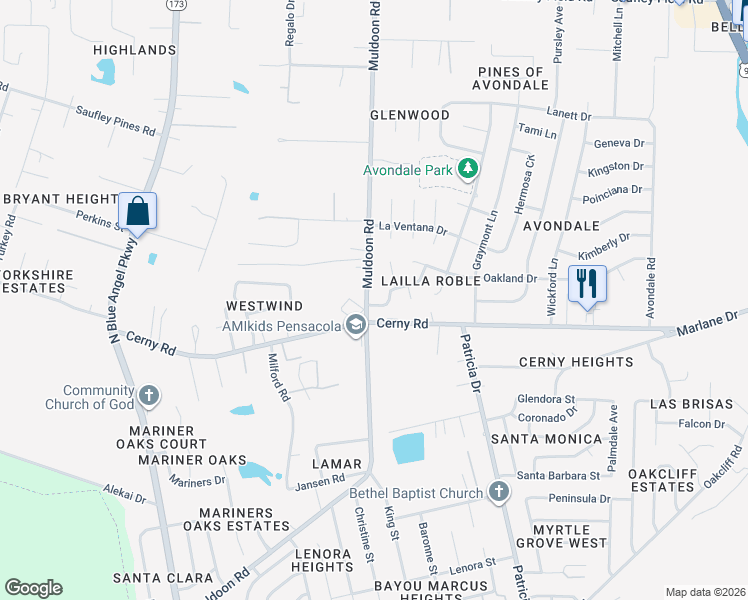 map of restaurants, bars, coffee shops, grocery stores, and more near 4980 La Ceiba Drive in Pensacola