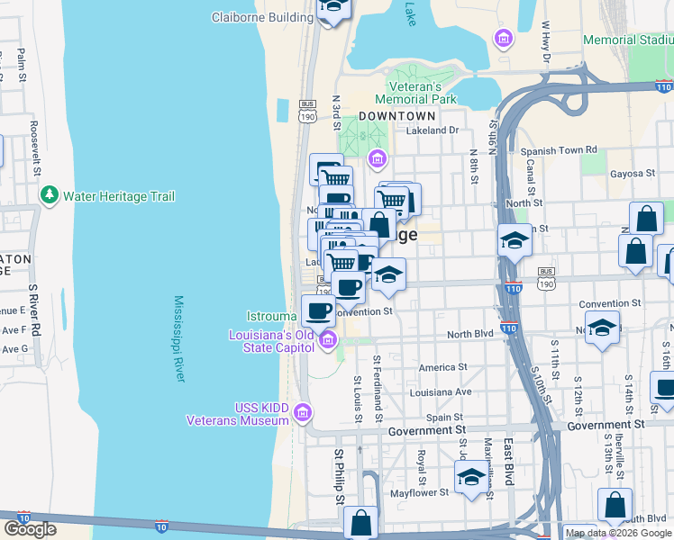 map of restaurants, bars, coffee shops, grocery stores, and more near 336 3rd Street in Baton Rouge