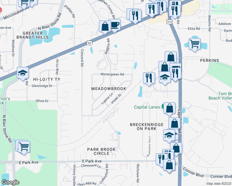 map of restaurants, bars, coffee shops, grocery stores, and more near 737 Lupine Lane in Tallahassee