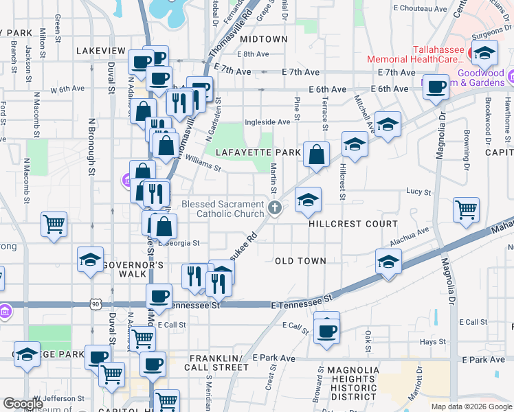 map of restaurants, bars, coffee shops, grocery stores, and more near 716 Edgewood Street in Tallahassee