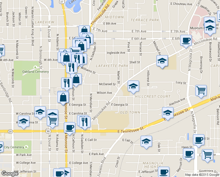 map of restaurants, bars, coffee shops, grocery stores, and more near 716 Edgewood Street in Tallahassee