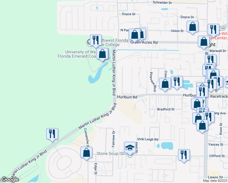 map of restaurants, bars, coffee shops, grocery stores, and more near 1110 Martin Luther King Junior Boulevard in Fort Walton Beach