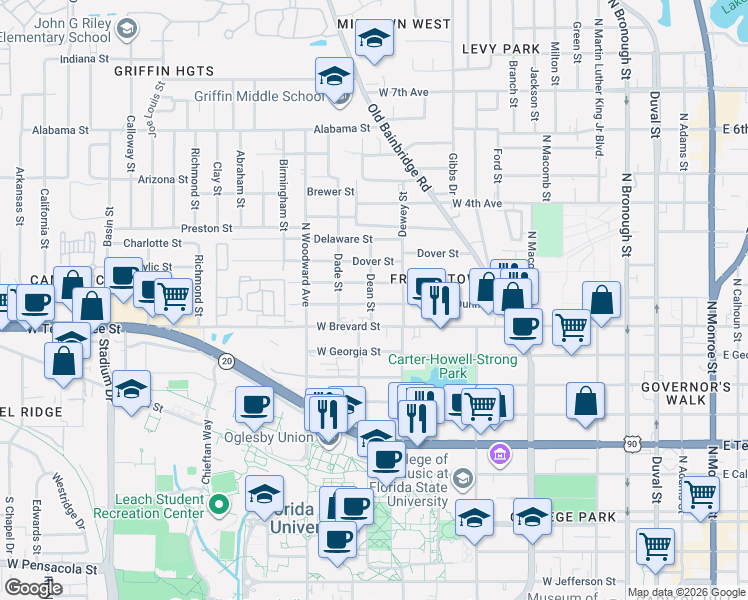 map of restaurants, bars, coffee shops, grocery stores, and more near 724 Dunn Street in Tallahassee