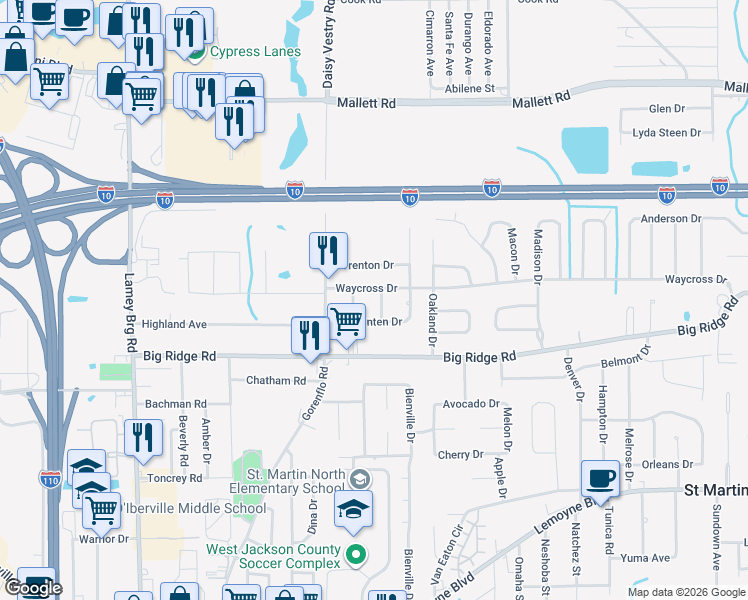 map of restaurants, bars, coffee shops, grocery stores, and more near 7413 Benton Drive in Biloxi