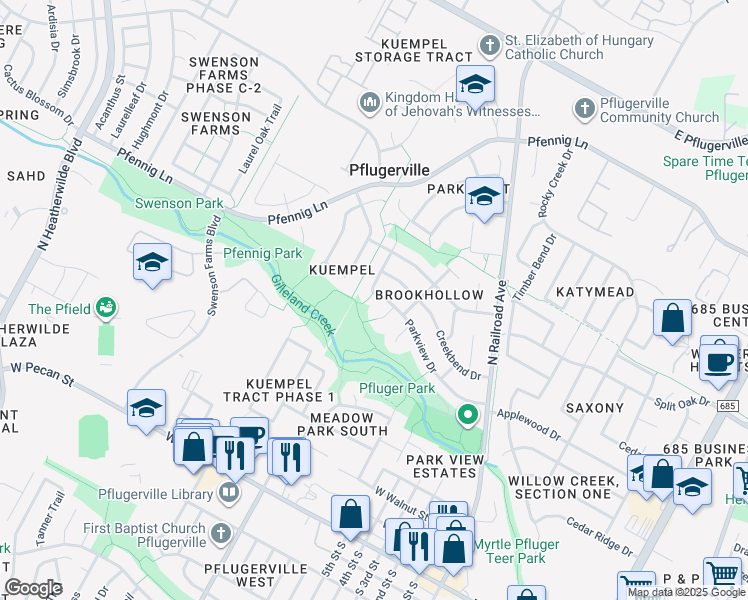 map of restaurants, bars, coffee shops, grocery stores, and more near 905 Parkview Drive in Pflugerville