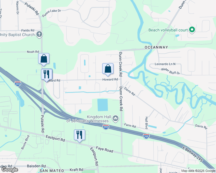 map of restaurants, bars, coffee shops, grocery stores, and more near 11560 Hickory Oak Drive in Jacksonville