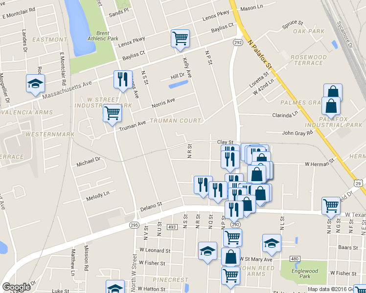 map of restaurants, bars, coffee shops, grocery stores, and more near 429 Clay Street in Pensacola