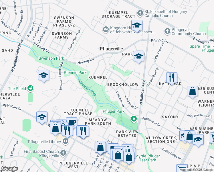 map of restaurants, bars, coffee shops, grocery stores, and more near 905 Parkview Drive in Pflugerville