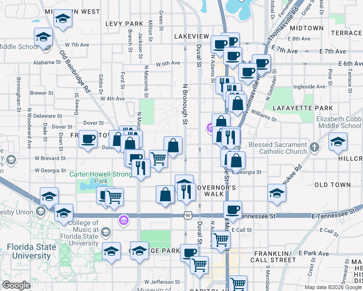 map of restaurants, bars, coffee shops, grocery stores, and more near 730 North Bronough Street in Tallahassee