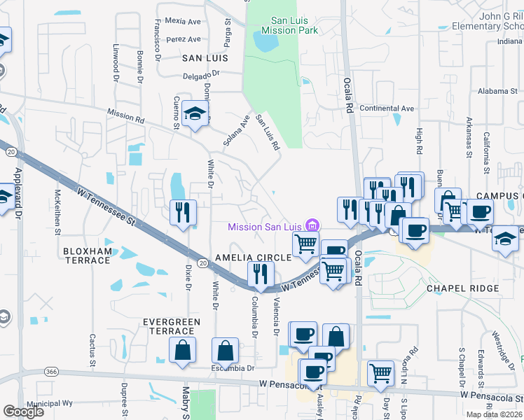 map of restaurants, bars, coffee shops, grocery stores, and more near 2199 Timberwood Circle North in Tallahassee