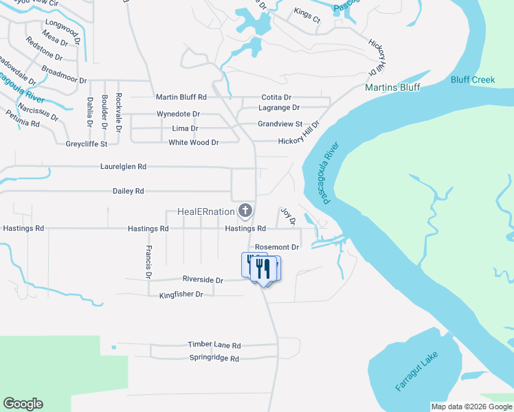 map of restaurants, bars, coffee shops, grocery stores, and more near 7401-7421 Martin Bluff Road in Gautier