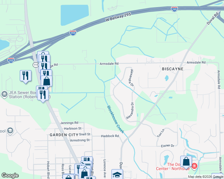 map of restaurants, bars, coffee shops, grocery stores, and more near 11846 Alexandra Drive in Jacksonville