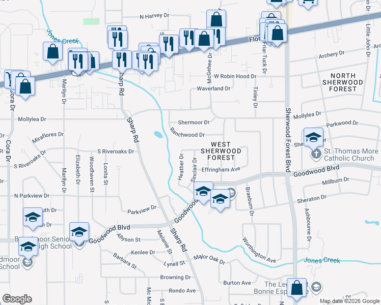 map of restaurants, bars, coffee shops, grocery stores, and more near 820 Sinclair Drive in Baton Rouge