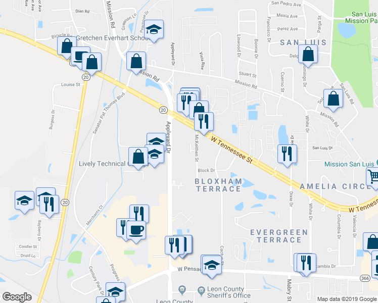 map of restaurants, bars, coffee shops, grocery stores, and more near 2615 McKeithan Court in Tallahassee