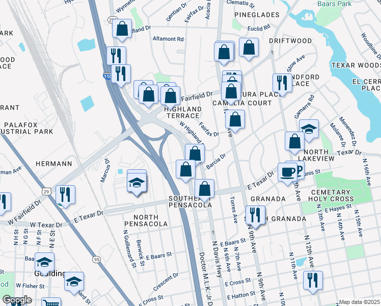map of restaurants, bars, coffee shops, grocery stores, and more near 3497 Dr Martin Luther King Jr Dr in Pensacola