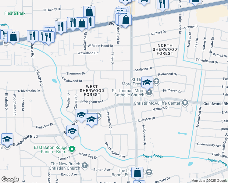 map of restaurants, bars, coffee shops, grocery stores, and more near 872 South Tinley Drive in Baton Rouge
