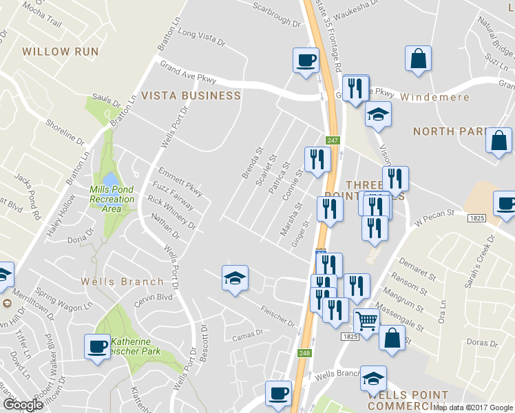 map of restaurants, bars, coffee shops, grocery stores, and more near 15308 Patrica Street in Austin