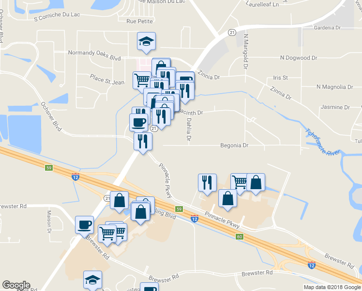 map of restaurants, bars, coffee shops, grocery stores, and more near 11 Begonia Drive in Covington