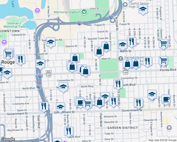 map of restaurants, bars, coffee shops, grocery stores, and more near 1659 U.S. 190 Business in Baton Rouge