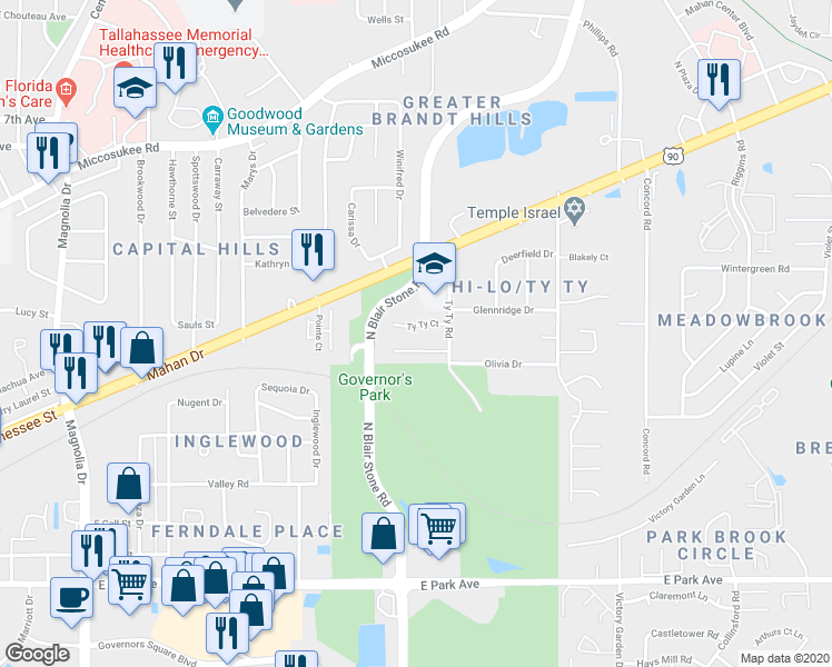 map of restaurants, bars, coffee shops, grocery stores, and more near 1909 Ty Ty Court in Tallahassee