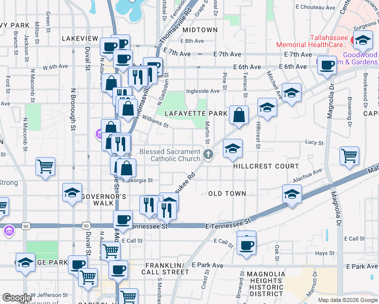 map of restaurants, bars, coffee shops, grocery stores, and more near 718 Edgewood Street in Tallahassee