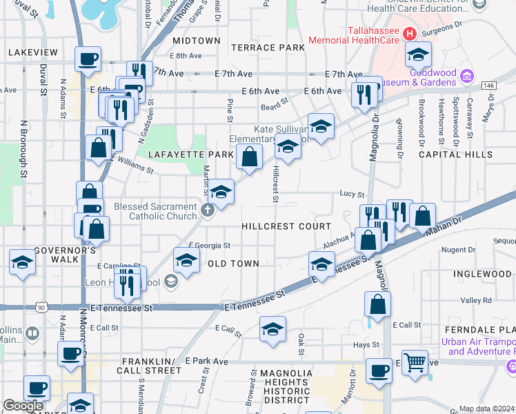 map of restaurants, bars, coffee shops, grocery stores, and more near 801 Baker Street in Tallahassee